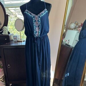 Lily Rose Dark Blue Maxi Dress with Colorful Embroidery